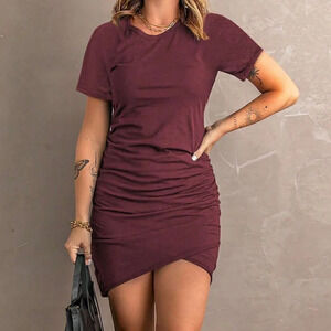 Burgundy Casual Womens Solid Ruched Tulip Hem Dress